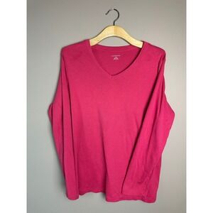 Lands End Womens 1X Pink Cotton V-Neck Long Sleeve T-Shirt Plus Size 16W-18W
